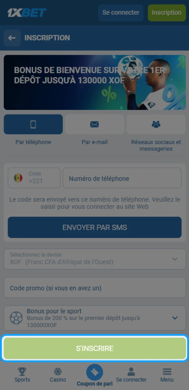 Activer votre compte 1xBet pour pouvoir placer vos paris sur l'application.