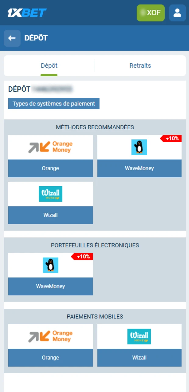 Effectuez un dépôt sur 1xBet pour placer un pari sur le jeu Aviator.