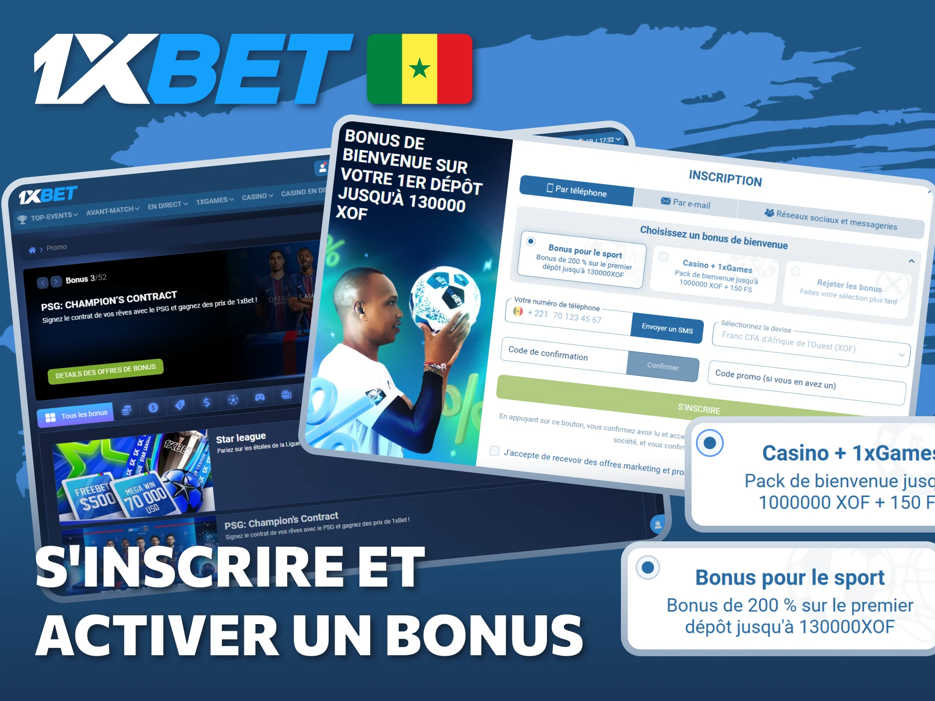 Apprenez à vous inscrire et activer un bonus 1xBet pour jouer tout de suite.