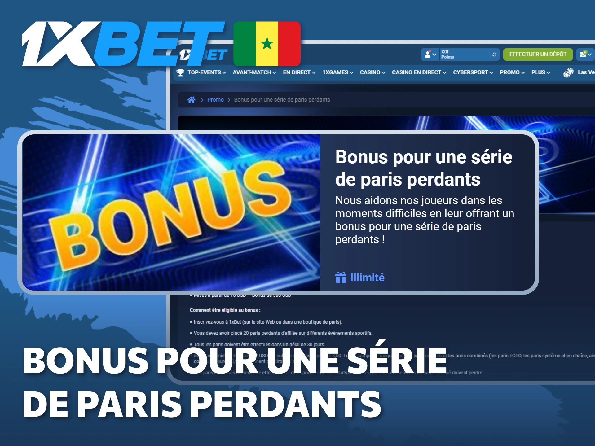 Si vous perdez souvent, recevez un bonus pour les paris perdants pour vous aider à continuer sur 1xBet.