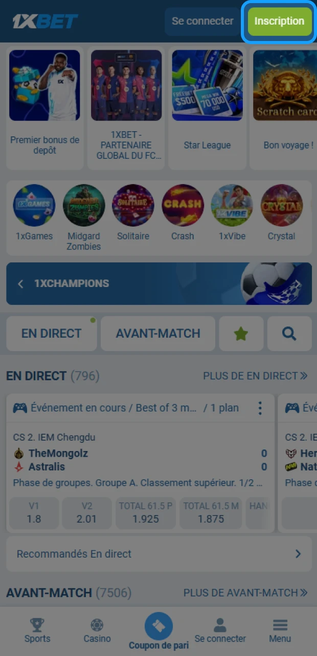 Créez votre compte sur 1xBet pour débloquer votre accès aux bonus casino au Sénégal.