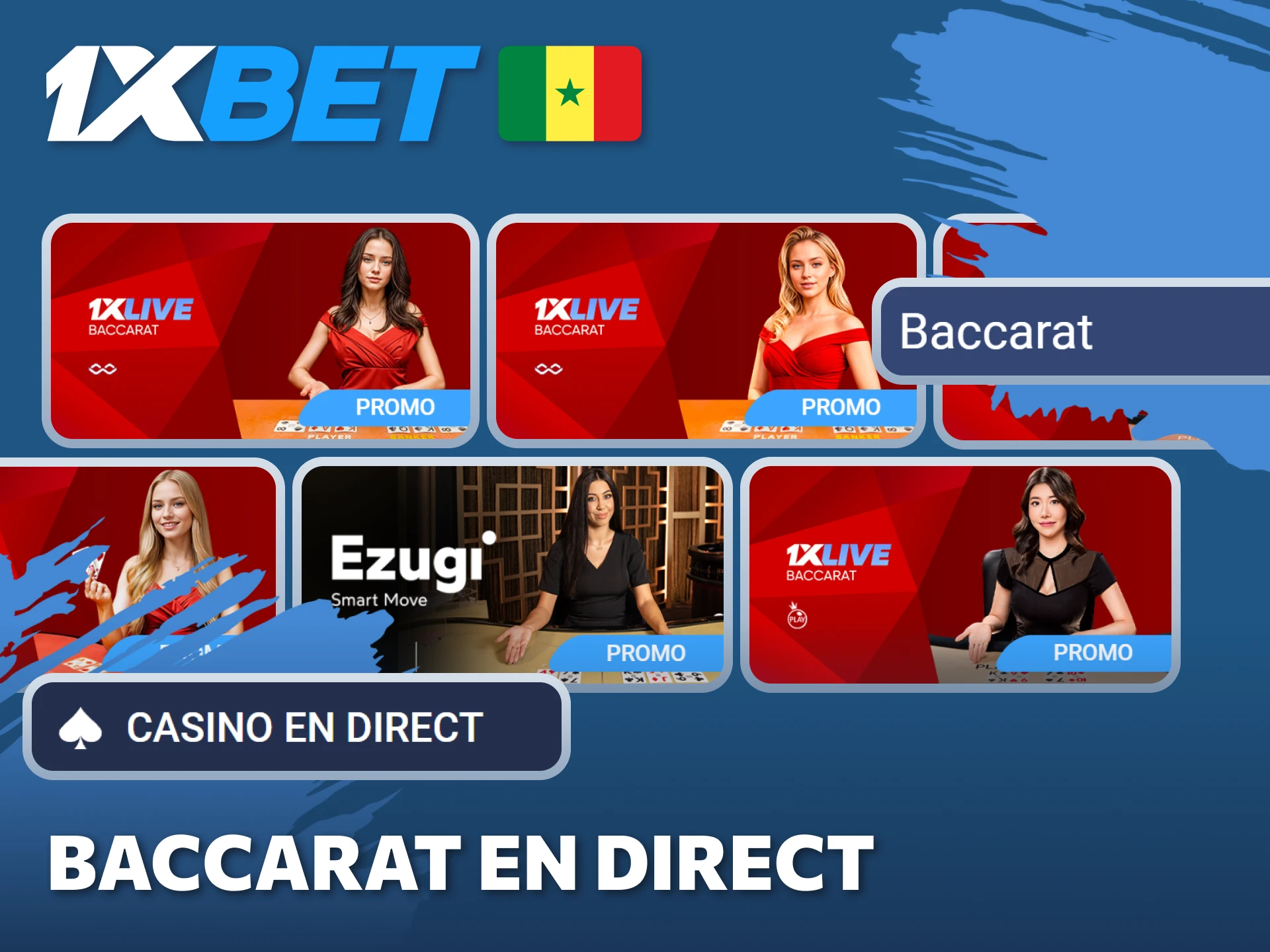 Pariez au Baccarat en direct avec de vrais croupiers pour des gains réalistes sur 1xBet.