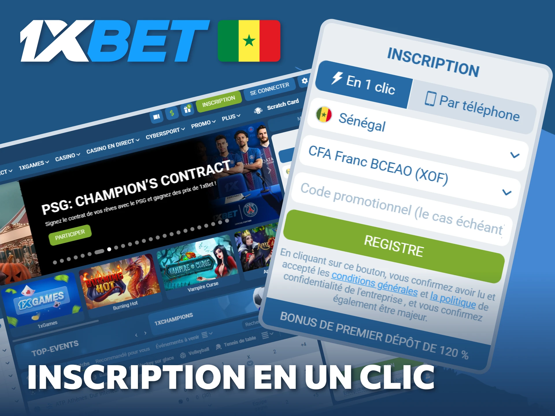 Utilisez l'inscription en un clic pour créer votre compte 1xBet ultra-rapidement.