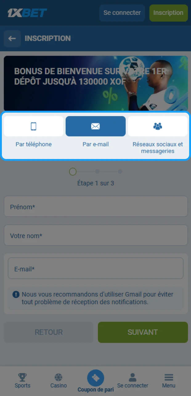 Choisissez votre méthode d'inscription préférée sur 1xBet.