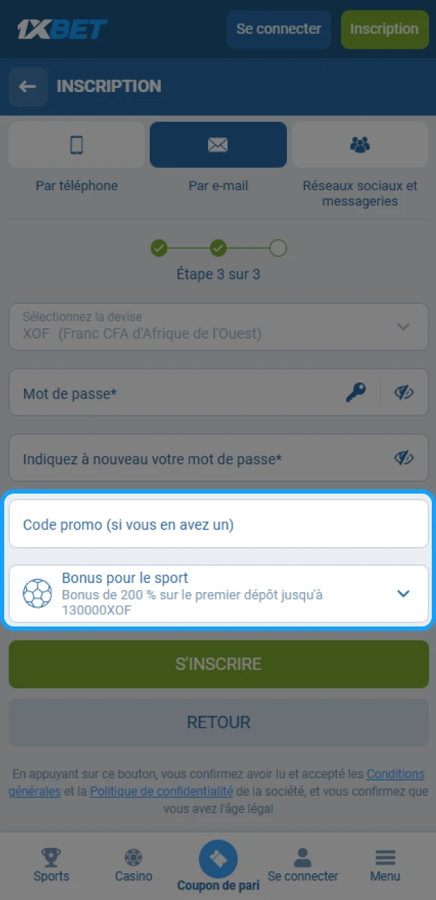 Choisissez un bonus et saisissez le code promo lors de votre inscription sur 1xBet.