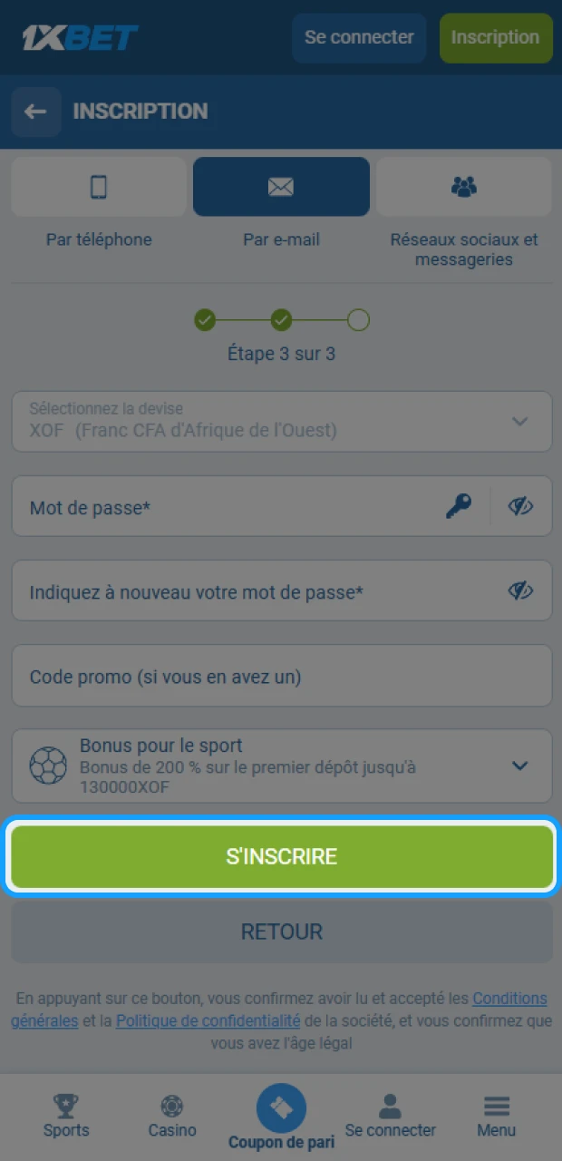 Confirmez votre inscription sur 1xBet.