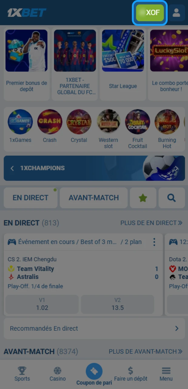 Dirigez-vous vers la section dépôt 1xBet pour ajouter des fonds.
