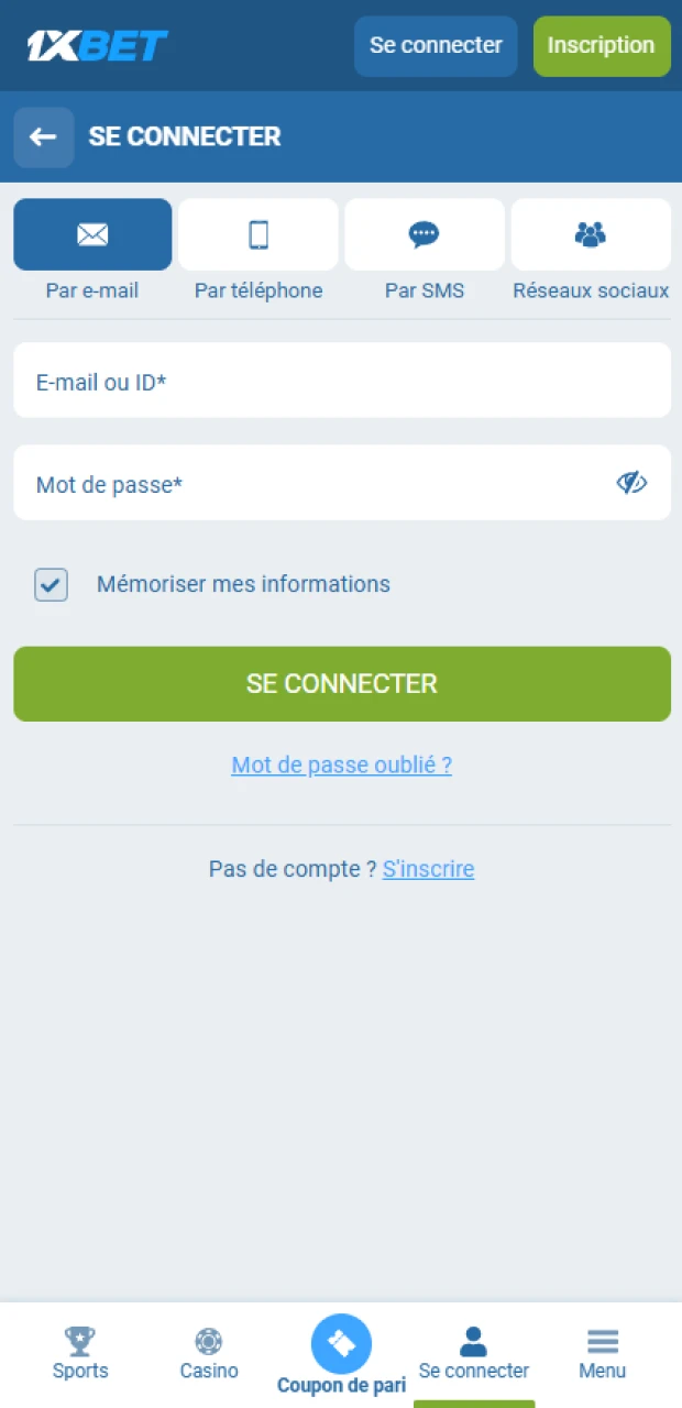 Connectez-vous à votre compte 1xBet pour initier la transaction.