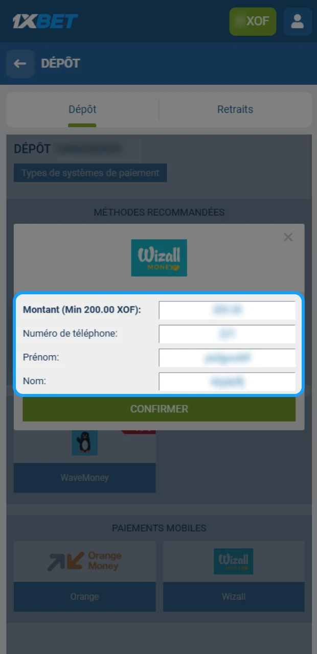 Entrez la somme et validez pour confirmer votre dépôt sur 1xBet.