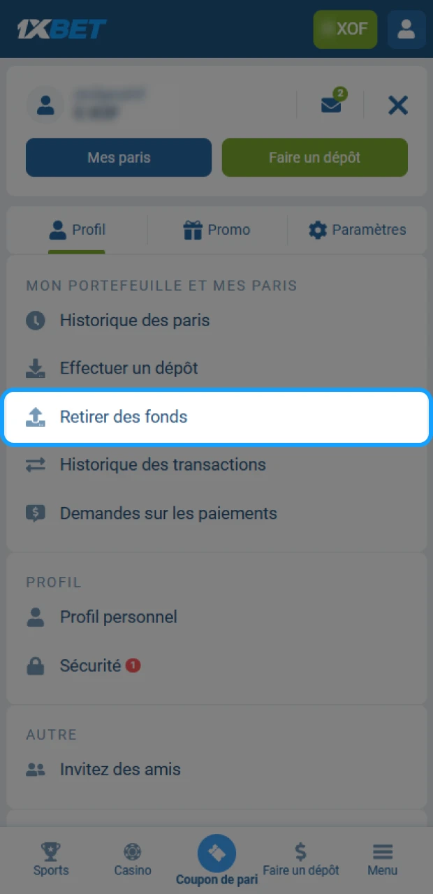 Rendez-vous à la section Retrait pour encaisser vos gains sur 1xBet.