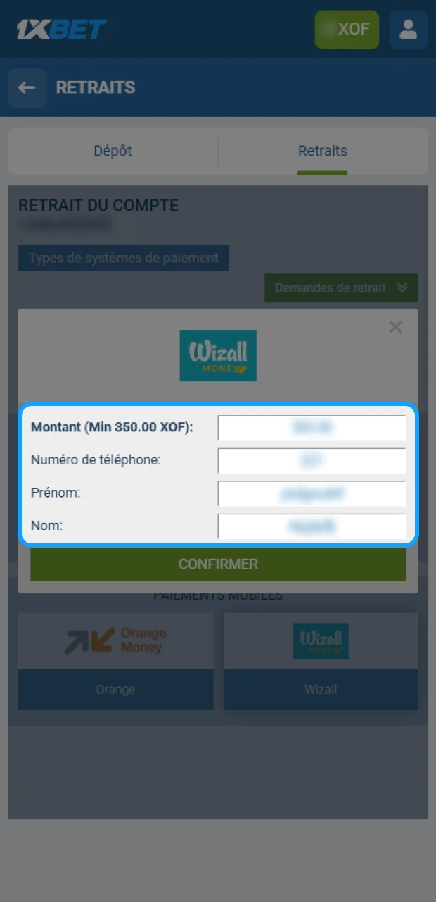 Indiquez le montant et validez pour soumettre votre demande de retrait sur 1xBet.