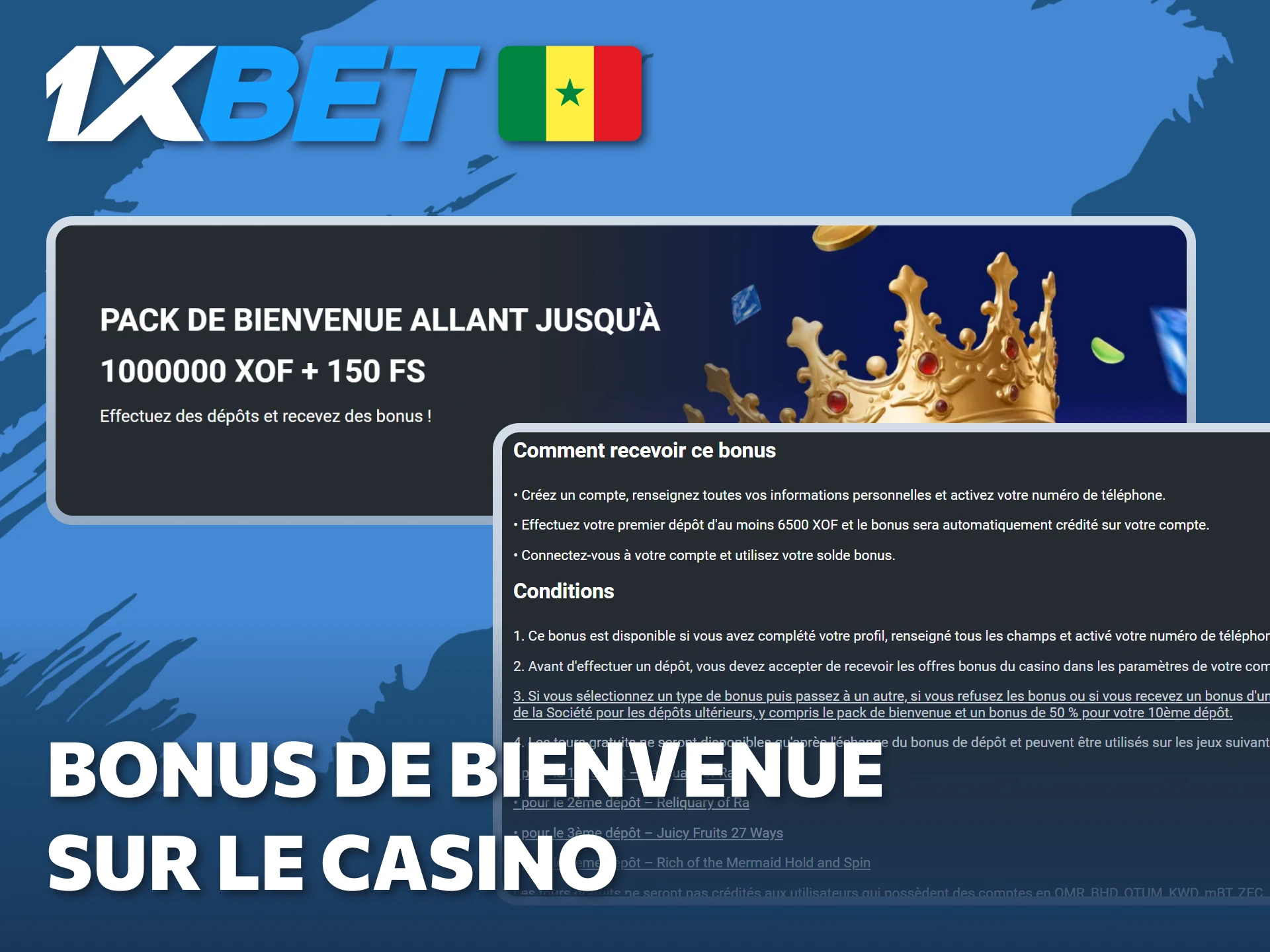 Recevez votre bonus de bienvenue 1xBet sur le casino et commencez à jouer immédiatement.