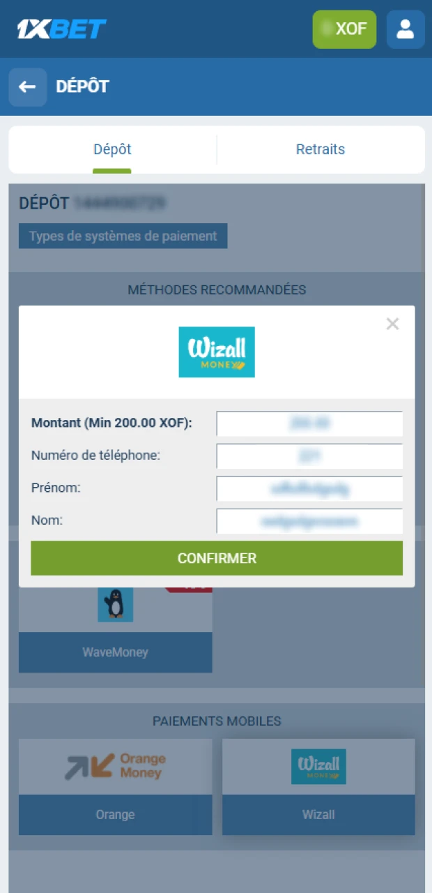 Saisissez le montant que vous souhaitez déposer sur votre compte 1xBet.
