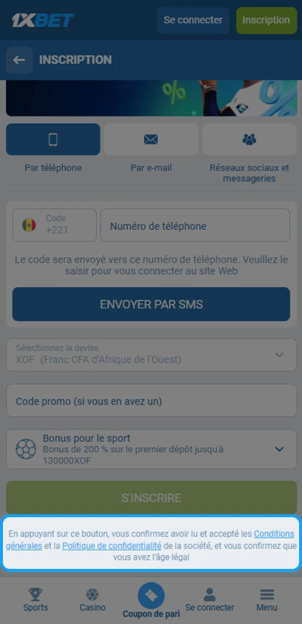 Acceptez les conditions générales de 1xBet pour finaliser votre inscription.