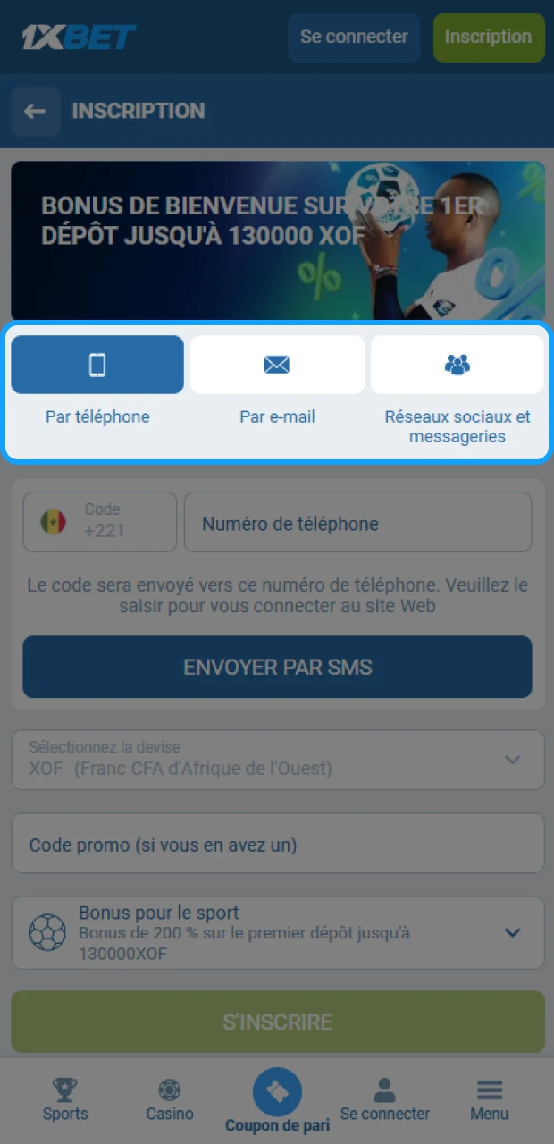 Choisissez votre méthode d’inscription préférée pour ouvrir votre compte 1xBet rapidement.
