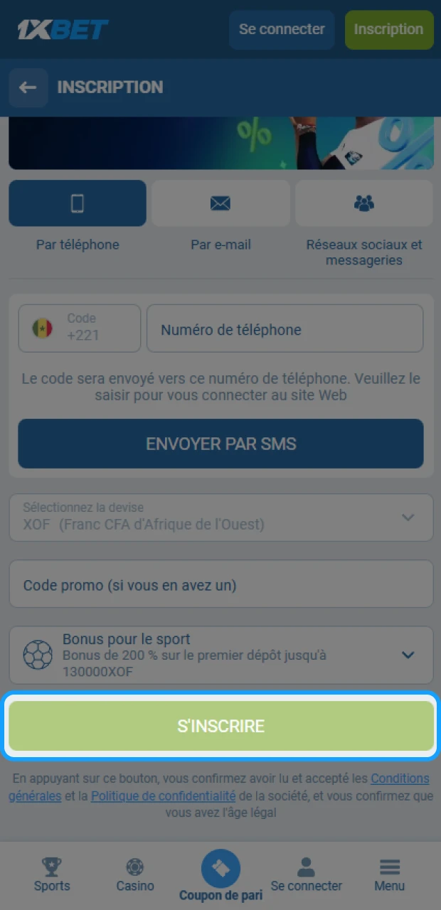 Confirmez votre inscription pour commencer à jouer sur 1xBet au Sénégal.