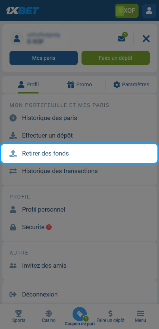 Dirigez-vous vers la section Retrait pour commencer à retirer vos gains sur 1xBet.