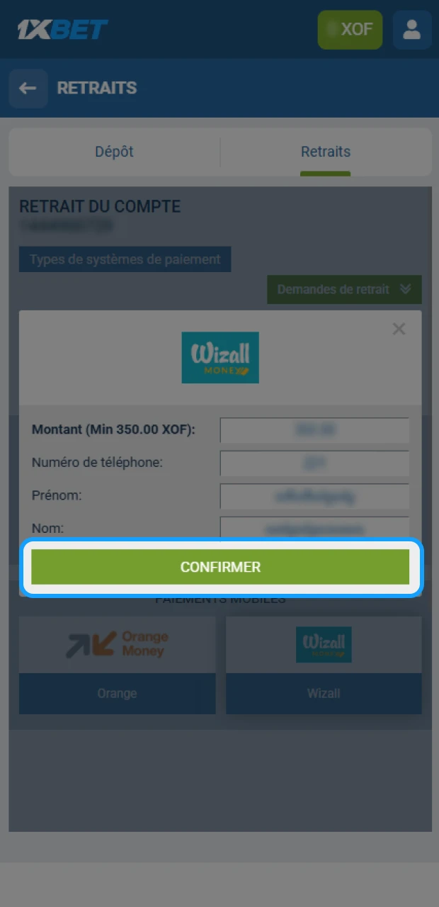Confirmez le retrait pour recevoir vos gains de 1xBet.