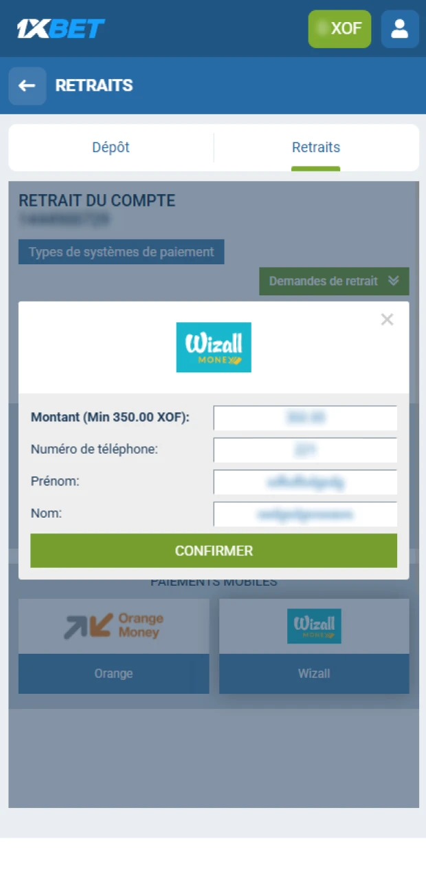 Saisissez le montant du retrait sur 1xBet.