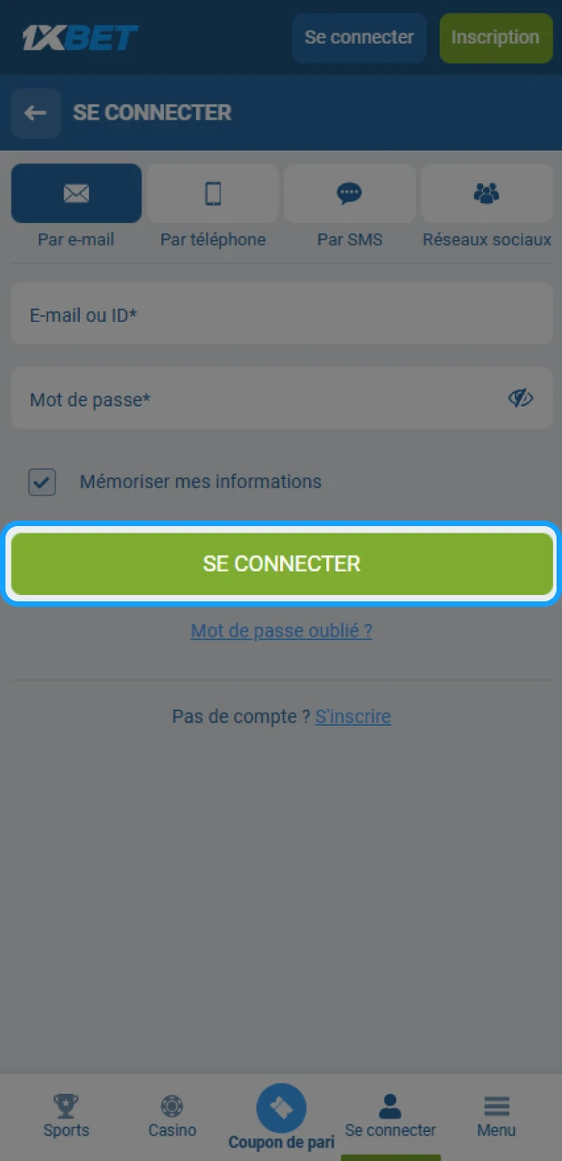 Cliquez sur Se connecter pour accéder à votre compte 1xBet et commencer à parier.