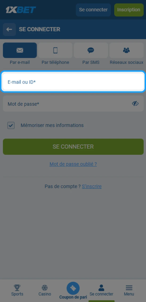 Indiquez votre identifiant ou numéro de téléphone afin d'accéder à votre compte 1xBet.