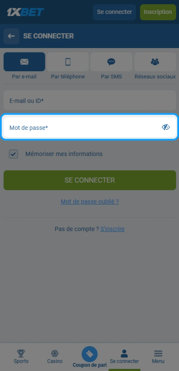 Saisissez votre mot de passe pour compléter les informations de connexion à 1xBet.