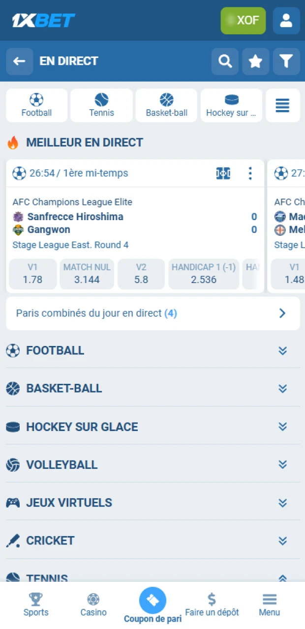 Sélectionnez un sport sur 1xBet pour parier sur le Sénégal.