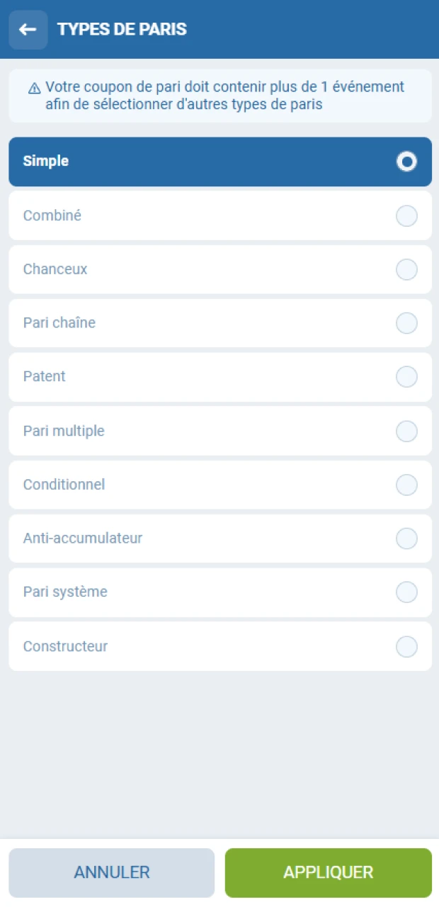 Choisissez un type de pari parmi ceux disponibles sur 1xBet.